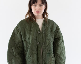 Vintage Dark Green Liner Jacket | Unisex Wavy Quilted Nylon Coat | XL XXL | LI252