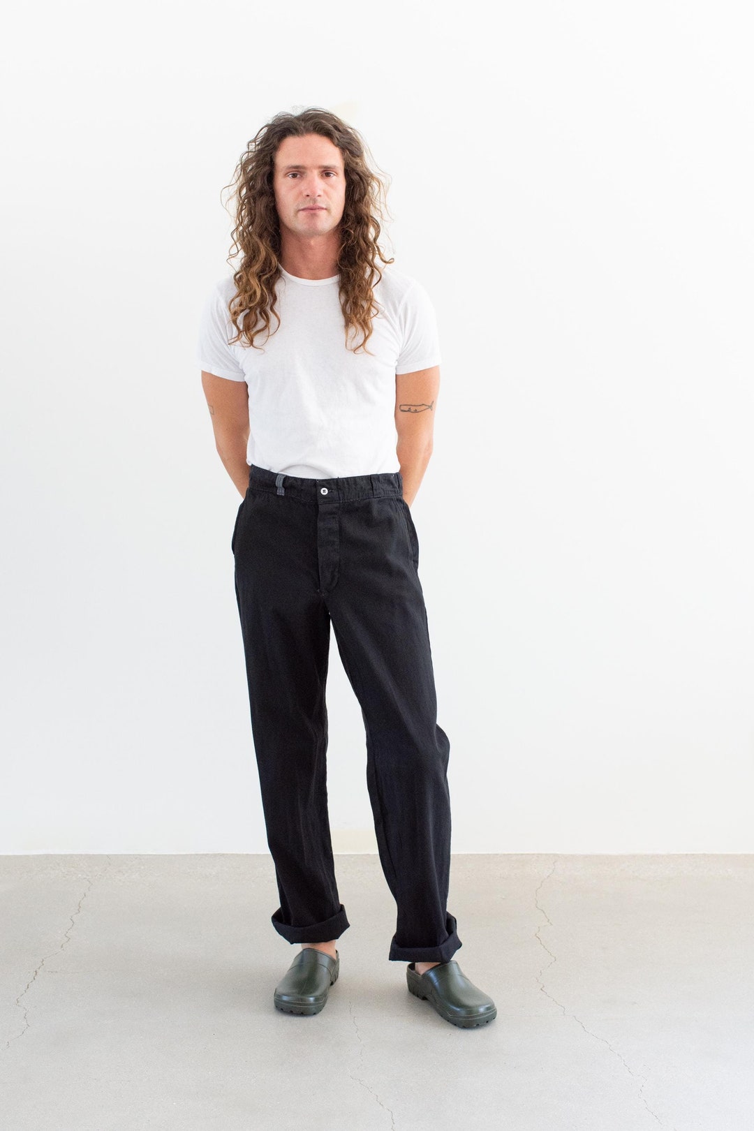 Vintage 34 Waist Black Cotton Twill Chinos | High Rise