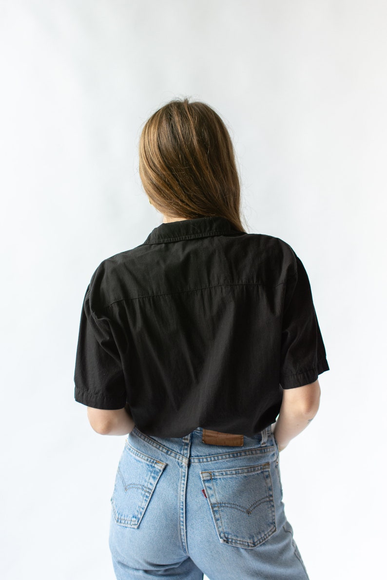 Vintage Black Short Sleeve Loop Collar Shirt Simple Overdye Cotton Work Blouse XS S M XL image 9