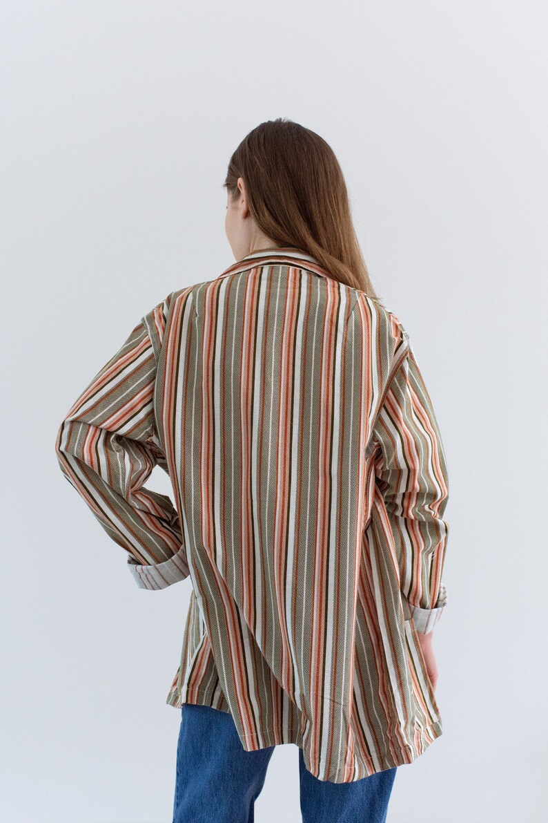 Vintage Green Orange White Striped Shirt Jacket Unisex Flannel Stripe Cotton Pajama Chore shirt M L SJ002 image 9