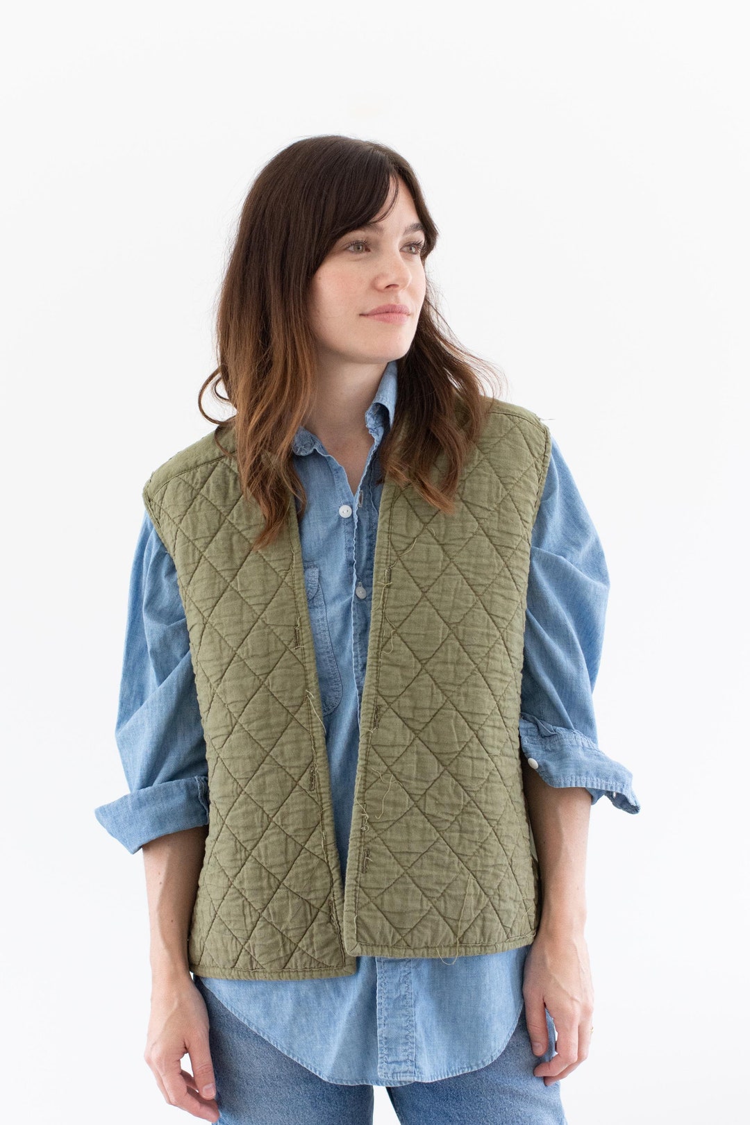 Vintage Green Diamond Quilt Cotton Vest | Unisex Sleeveless