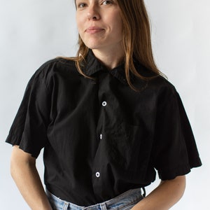 Vintage Black Short Sleeve Loop Collar Shirt Simple Overdye Cotton Work Blouse XS S M XL image 5