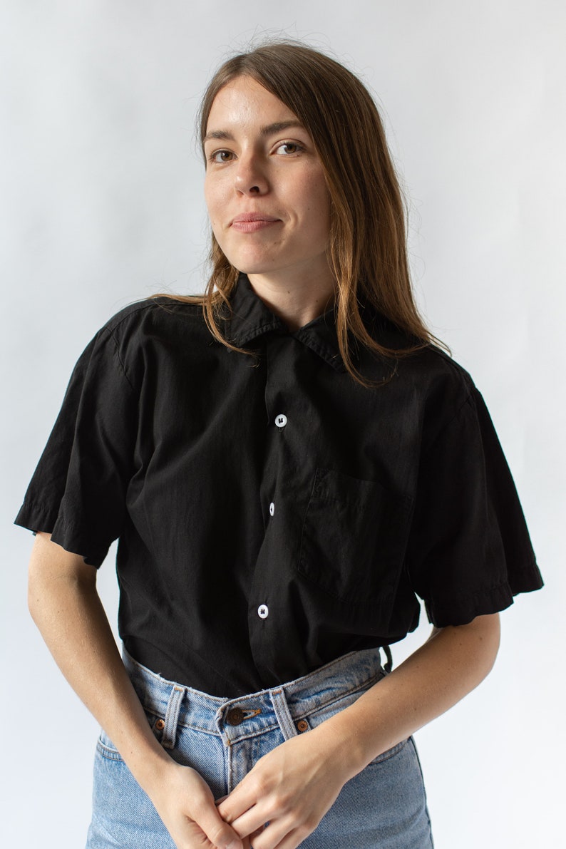 Vintage Black Short Sleeve Loop Collar Shirt Simple Overdye Cotton Work Blouse XS S M XL image 5