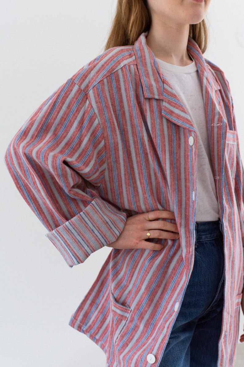 Vintage Red Blue Striped Shirt Jacket Unisex Flannel Stripe Cotton Pajama Chore shirt M L SJ010 image 5