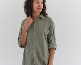 Vintage Sage Green Artist Tunic | Button Up Shirt | Cotton Simple Blouse | M L |