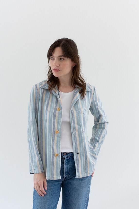 Vintage Blue Cream Striped Flannel Shirt Jacket |… - image 2