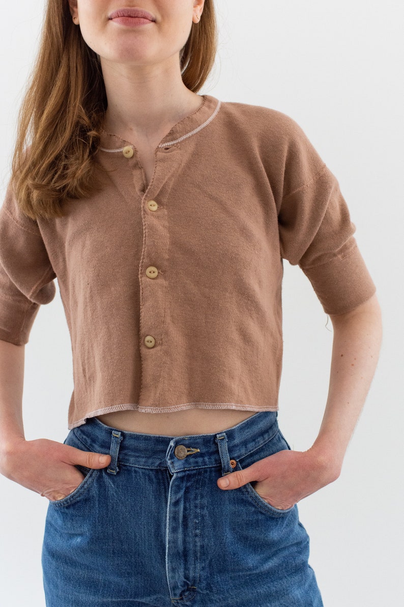 Vintage Ballet Pink Button Up Crop Thermal Shirt Rib Knit Picot Edging Cotton Undershirt XS S PT02 image 4