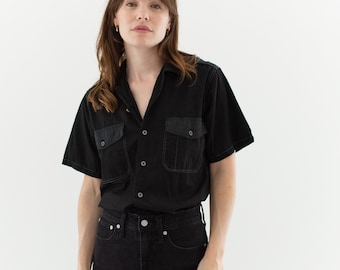 The Architect Shirt | Vintage Black and Forest Green Short Sleeve Shirt | Contrast Thread Simple Cotton Work Blouse | XS S M L XL |