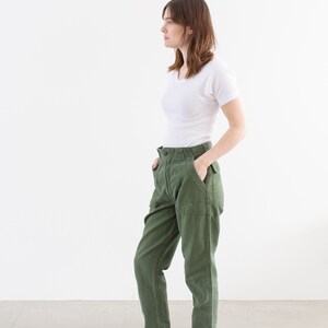 Vintage 30 Waist Olive Green Army Pants Unisex Utility Fatigues Military Trouser Zipper Fly F487 image 4