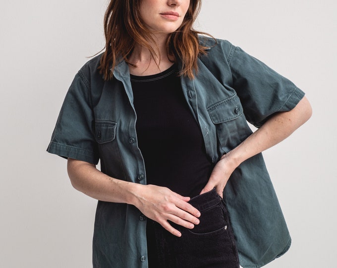 Vintage Teal Short Sleeve Work Shirt | Unisex 60s Cotton OverShirt | Made in USA | XS S M |