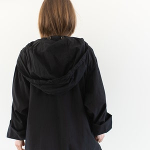 Vintage Black Hood Jacket Unisex Smock Drawstring Layer Overdye Cotton Snow Swing Coat L XL image 6