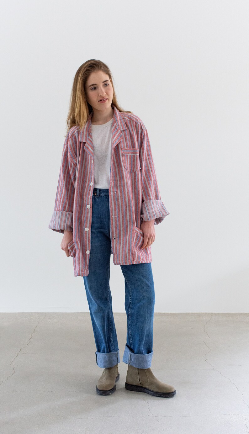 Vintage Red Blue Striped Shirt Jacket Unisex Flannel Stripe Cotton Pajama Chore shirt M L SJ010 image 2