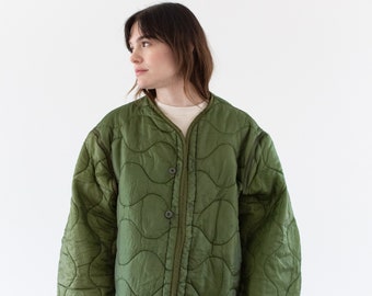 Vintage Green Liner Jacket | Unisex Wavy Quilted Nylon Coat | XL | LI286