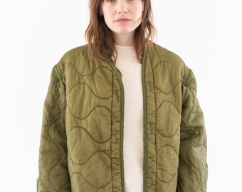 Vintage Green Liner Jacket | Unisex Wavy Quilted Nylon Coat | M | LI251