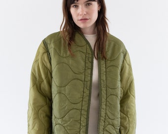 Vintage Celery Green Liner Jacket | Unisex Wavy Quilted Nylon Coat | S | LI257