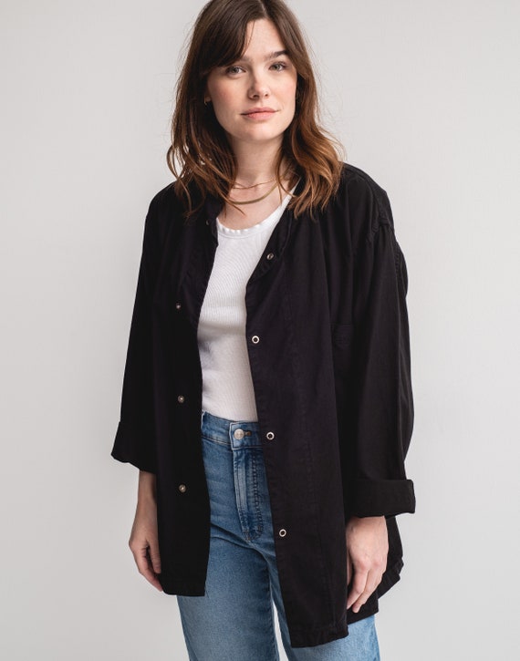 Vintage Black Overdye Side Snap Shirt Jacket | 1950s Smock