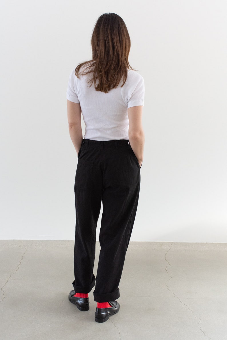 Vintage 27 28 29 Waist Black Utility Trousers Unisex Button Fly High Waist Workwear Pants P192 image 8