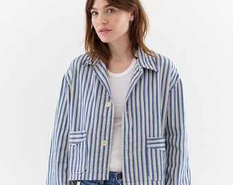 Vintage White Blue Flannel Striped Crop Shirt Jacket | Unisex Stripe Cotton Pajama Chore | L | SCJ014