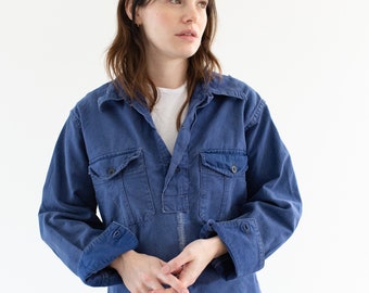 Vintage Denim Blue Popover Shirt | Mended Indigo French Workwear style Pullover | Sweden | M |