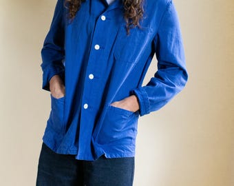 The Framer Chore-jas in matisseblauw | Vintage katoenen canvas blazer | Uniseks overdye Corozo European Utility-jack met 3 zakken | SML |