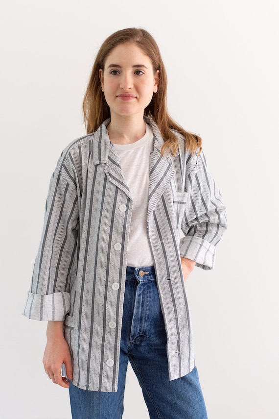 Vintage Grey White Striped Shirt Jacket | Unisex … - image 3