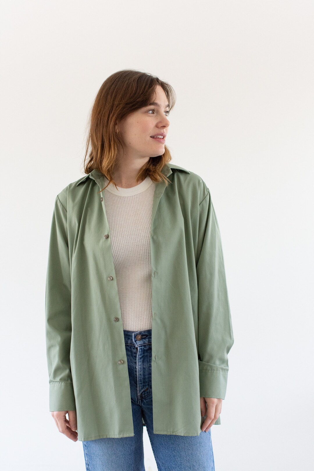 Vintage Sage Green Button up Shirt Cotton Blend Simple Blouse S S1 Etsy