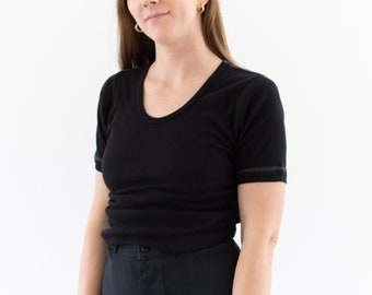 Vintage Black Ribbed Tee T Shirt | Rib Knit Contrast Stitch Tee | 100% Cotton | T014 | XS S |