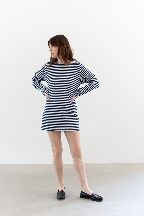 The Bateau Shirt Dress | White Navy Stripe Long S… - image 1