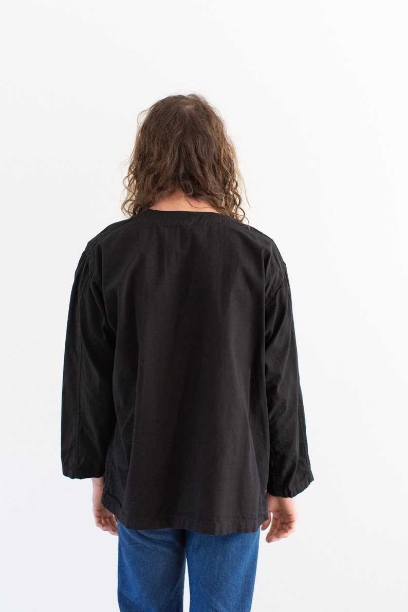 veste noire vintage à smocks Artist avec boutons sur le côté Chemise unisexe en coton surteinte Années 50 Fabriqué aux États-Unis M L TG image 9