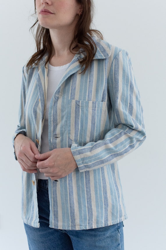 Vintage Blue Cream Striped Flannel Shirt Jacket |… - image 4