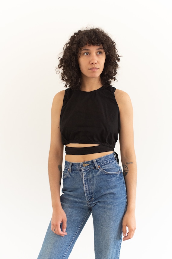 Vintage Black Wrap Crop Top | Tank Top Shell Linen