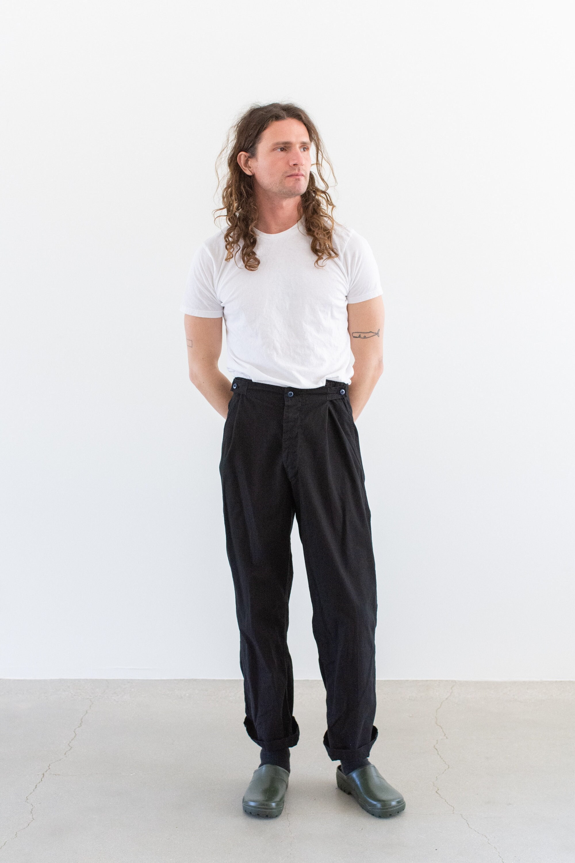 Vintage 33-41 Waist Black Easy Pant | Unisex High Waist Cotton Lightweight Pants | Pool Lounge Artist Over Pants | P203