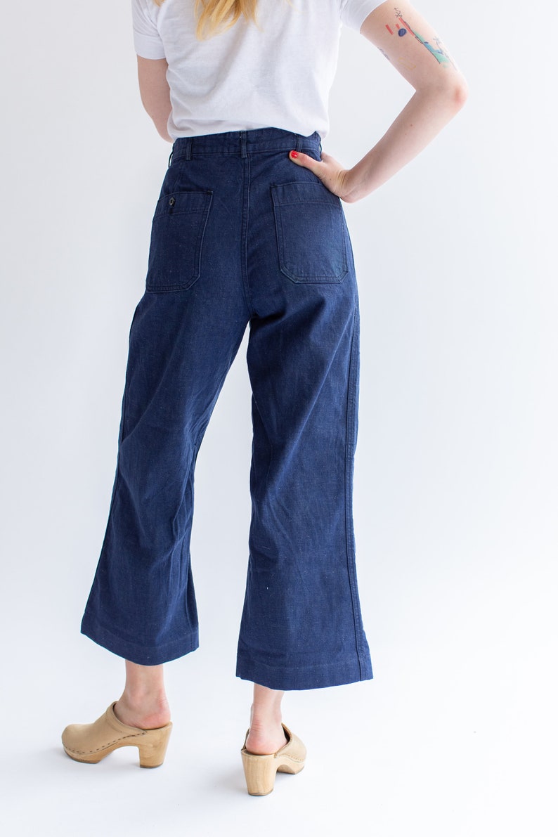 Vintage 27 28 29 Waist Button Fly High Rise Jeans Dark Wash wide Leg Flare Denim 60s Sailor Kick Flare Nautical image 9