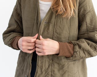 Vintage champignonbruin katoenen quiltjack | Uniseks gewatteerde jas met V-hals | ML | CC008