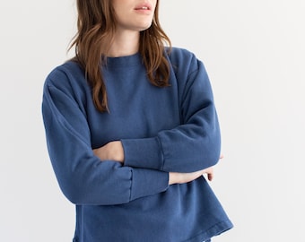 Vintage Workwear Blue Crew French Sweatshirt | Unisex Cozy Fleece | 70s Made in France | XS S M |
