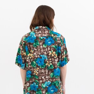 Vintage Blue Green Tropical Hawaiian Rayon Patterned Shirt Unisex 80s Unisex Blouse L image 8