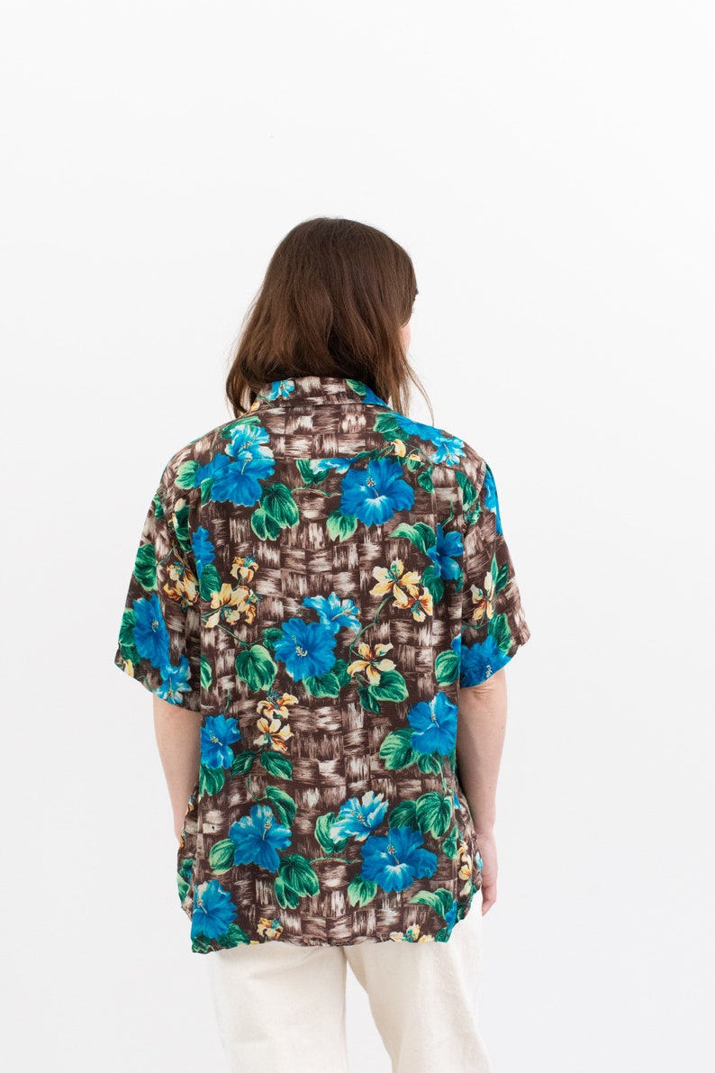 Vintage Blue Green Tropical Hawaiian Rayon Patterned Shirt Unisex 80s Unisex Blouse L image 8