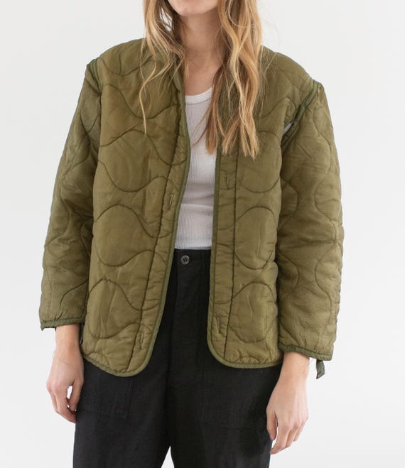 Vintage Olive Green Liner Jacket | Unisex Wavy Quilted Nylon