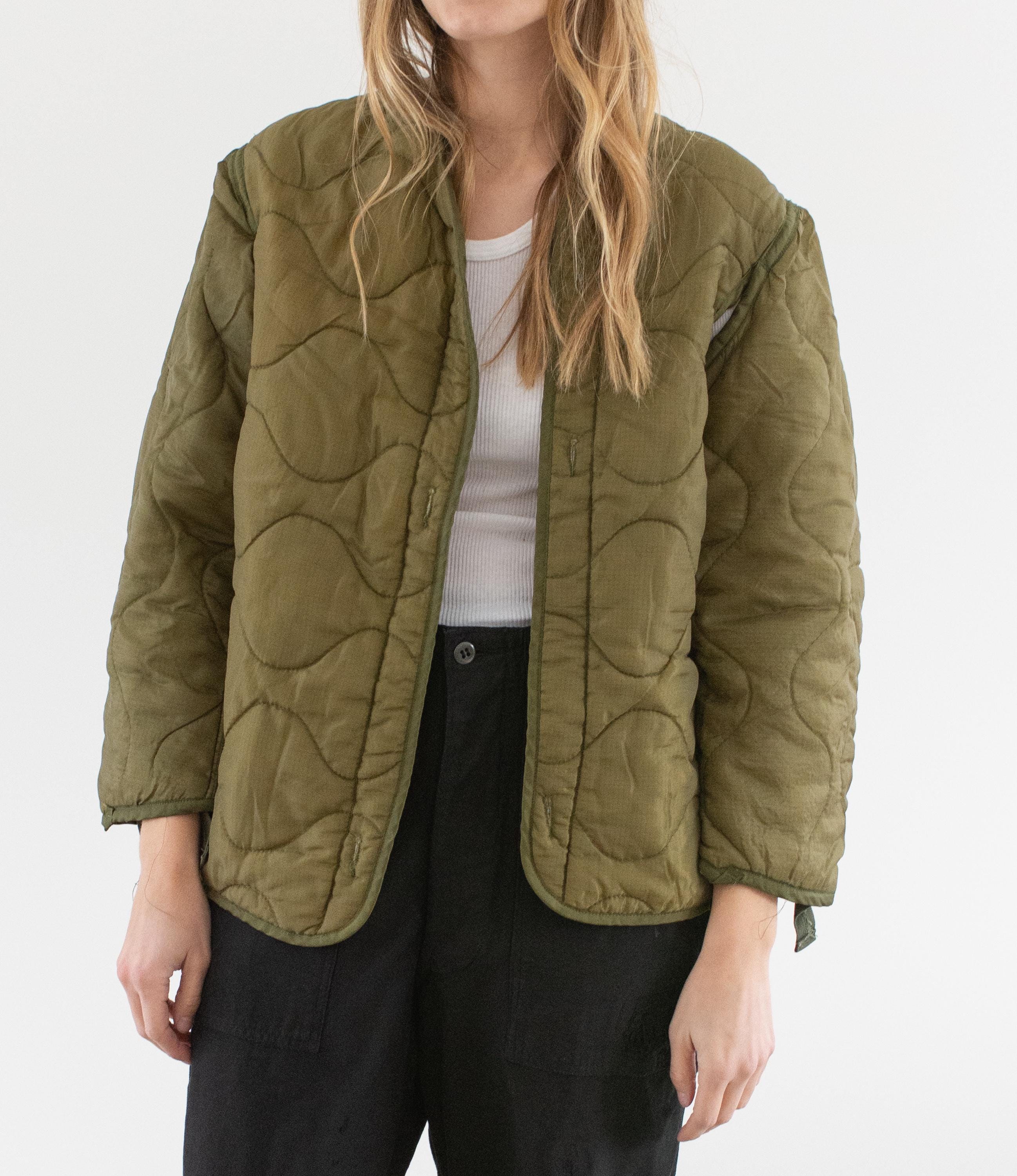 Vintage Olive Green Liner Jacket | Unisex Wavy Quilted Nylon