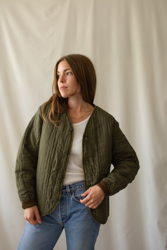 Vintage Olive Green Cotton Quilt Jacket Unisex Euro Liner Green Piping Puffer S M L CC006 Etsy