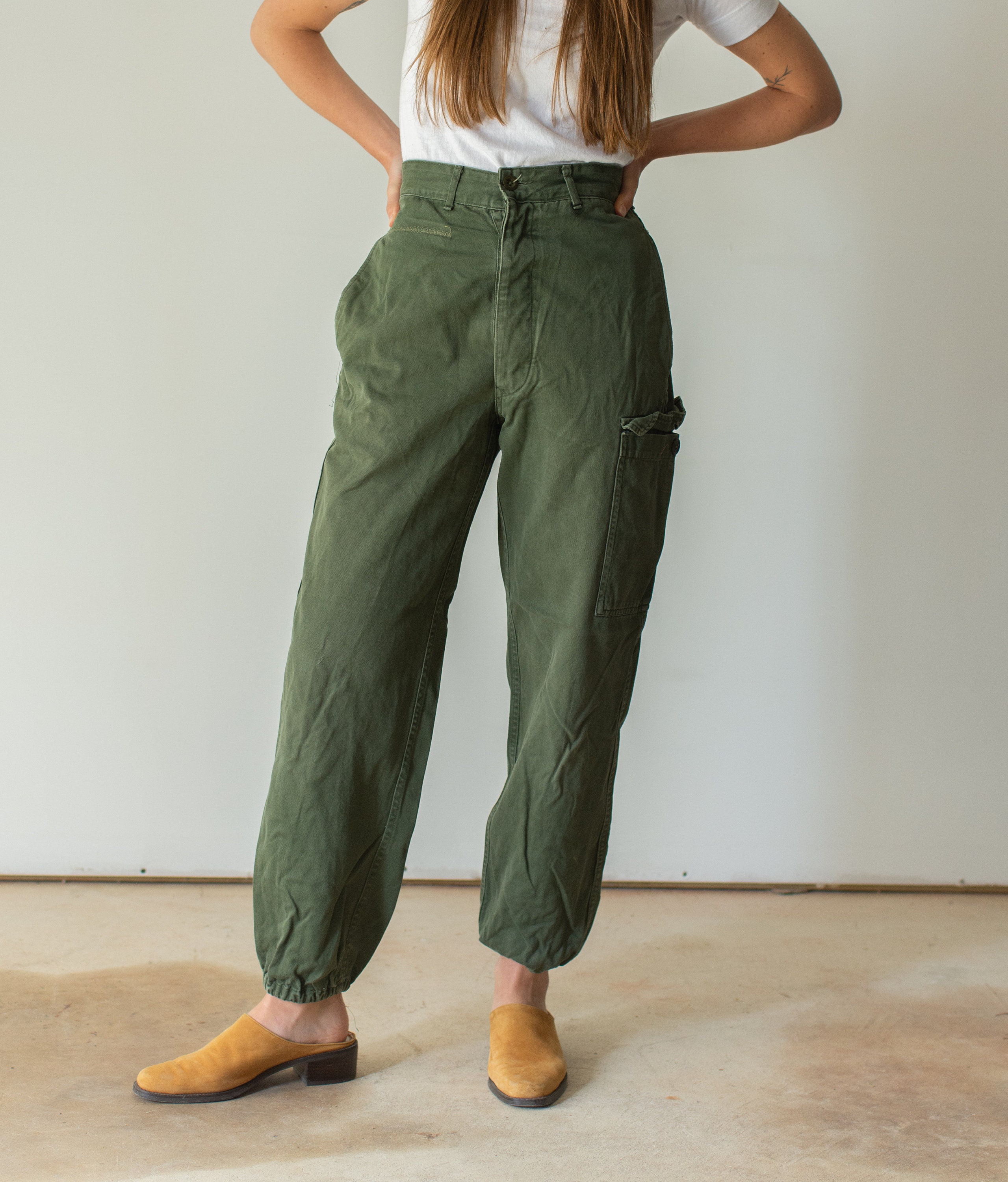 Vintage 27 Waist Olive Green Fatigues Cargo Trousers Army Pants AP131