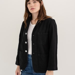 Vintage Black Overdye Classic Chore Blazer Unisex Square Three Pocket Cotton French Workwear Style Utility Work Coat Blazer XS S image 1