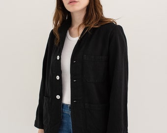 Blazer de corvée classique noir surteint vintage | Carré unisexe à trois pochettes | Veste de travail utilitaire en coton de style workwear français | TP S