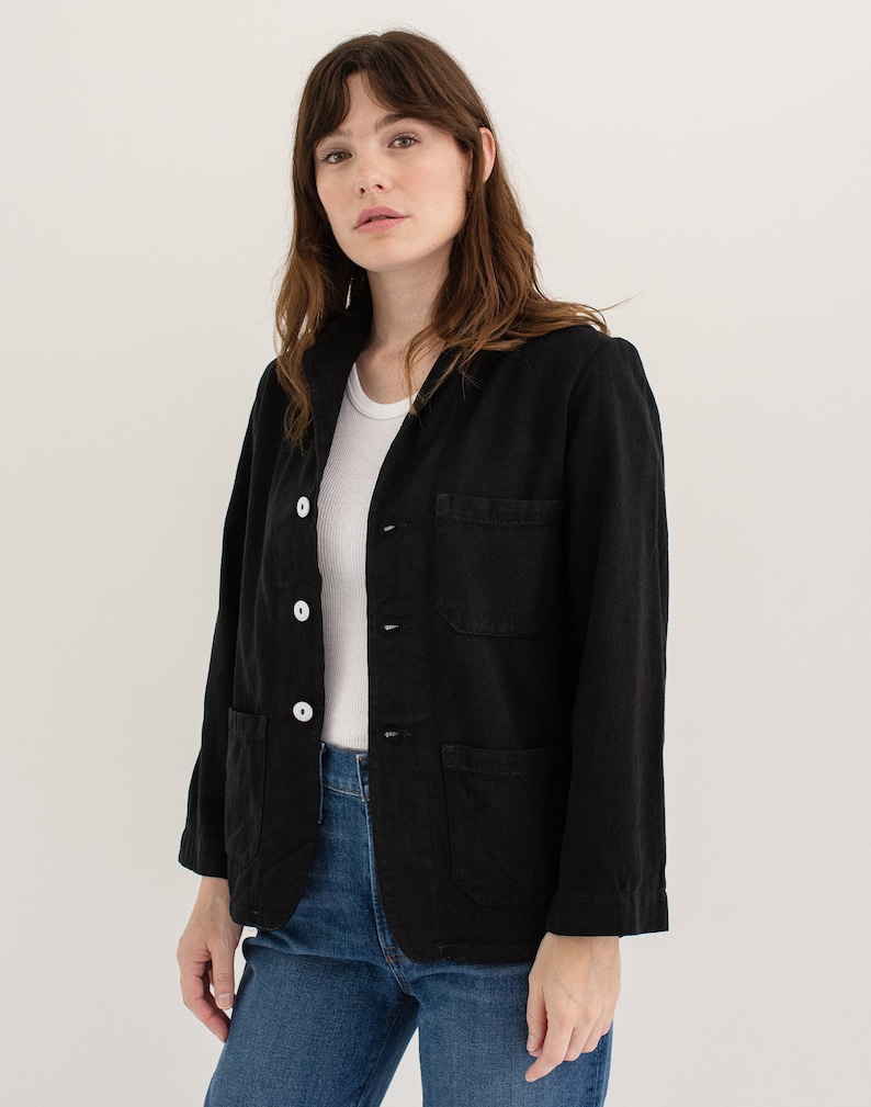 Vintage Black Overdye Classic Chore Blazer Unisex Square Three Pocket Cotton French Workwear Style Utility Work Coat Blazer XS S image 1