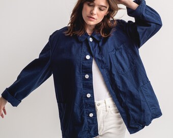 The Garment Dye Chore Jacket in Ocean Blue | Vintage Unisex Cotton Workwear Style Utility Work Coat Blazer | L |