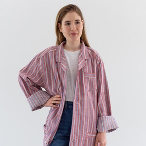 Vintage Red Blue Striped Shirt Jacket Unisex Flannel Stripe Cotton Pajama Chore shirt M L SJ010 image 3