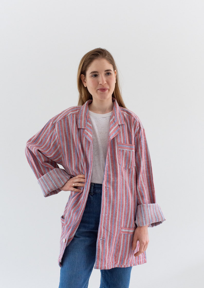 Vintage Red Blue Striped Shirt Jacket Unisex Flannel Stripe Cotton Pajama Chore shirt M L SJ010 image 3