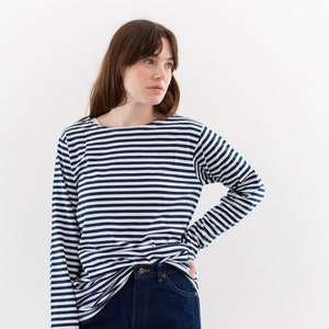 The Bateau Shirt | White Navy Stripe Long Sleeve T-Shirt | Boatneck Mariner Tee | S M L |