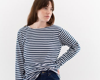 The Bateau Shirt | White Navy Stripe Long Sleeve T-Shirt | Boatneck Mariner Tee | S M L |