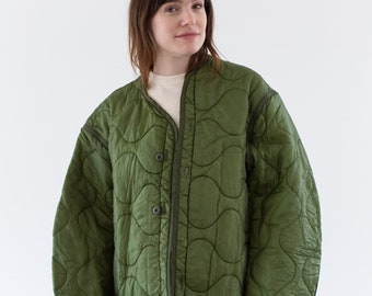 Vintage Green Liner Jacket | Unisex Wavy Quilted Nylon Coat | XL | LI249